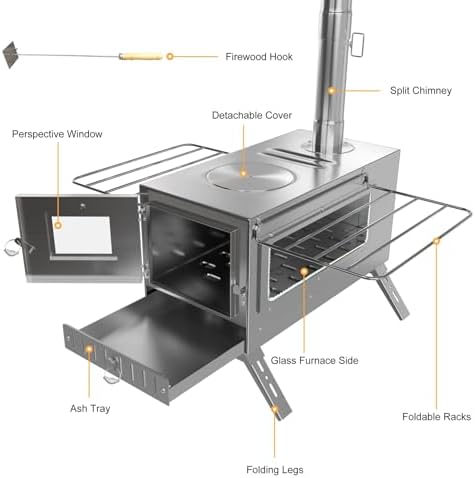 Hot Tent Stove, unho Wood Burning Stove, Portable Wood Stove with 6 Stainless Chimney Pipes for Outdoor Heating & Cooking, Ice Fishing, Hunting,Winter Warmth - Image 7