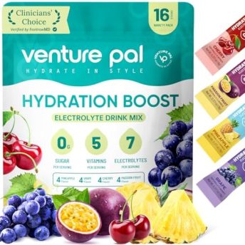 Venture Pal Sugar Free Electrolyte Powder Packets - Liquid Daily IV Drink Mix for Rapid Hydration & Party Recovery | 5 Vitamins & 7 Electrolytes| Keto Friendly | Non-GMO | Certified Vegan | 16 Sticks